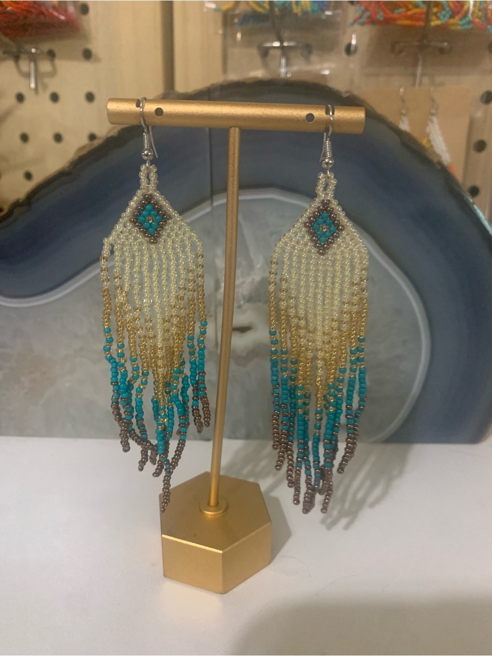 Gold and Turquoise Beaded Fringe Earrings - Women Jewelry